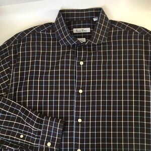 Burma Bibas Shirt Sz 17 1/2 - 34/35 Slim Fit Long Sleeved Plaid Brown/Blue/White
